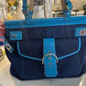 Coach Large Blue Leather and Canvas Satchel
